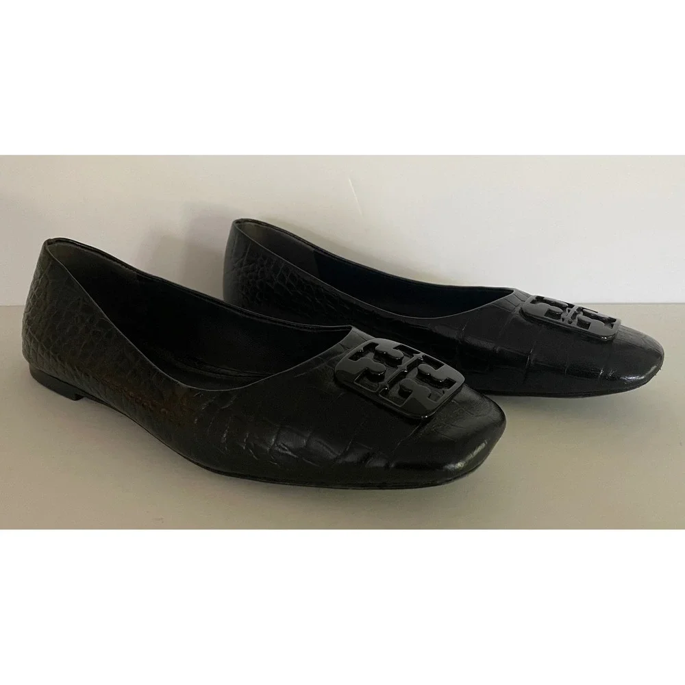 Tory Burch Georgia Black Croc Embossed Leather Square Toe Ballet Flats Career 8M